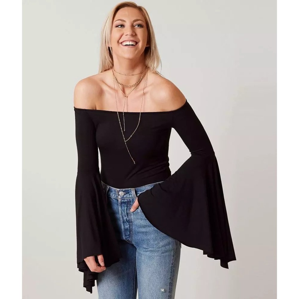 We The Free‎ Birds of Paradise Top XS Black Off Shoulder Bell Sleeve Y2K Boho